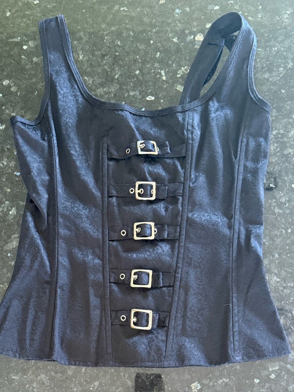 Y2K Vintage Black Silver Buckle-Front Women's Corset Tank Top Super Low Fat Size